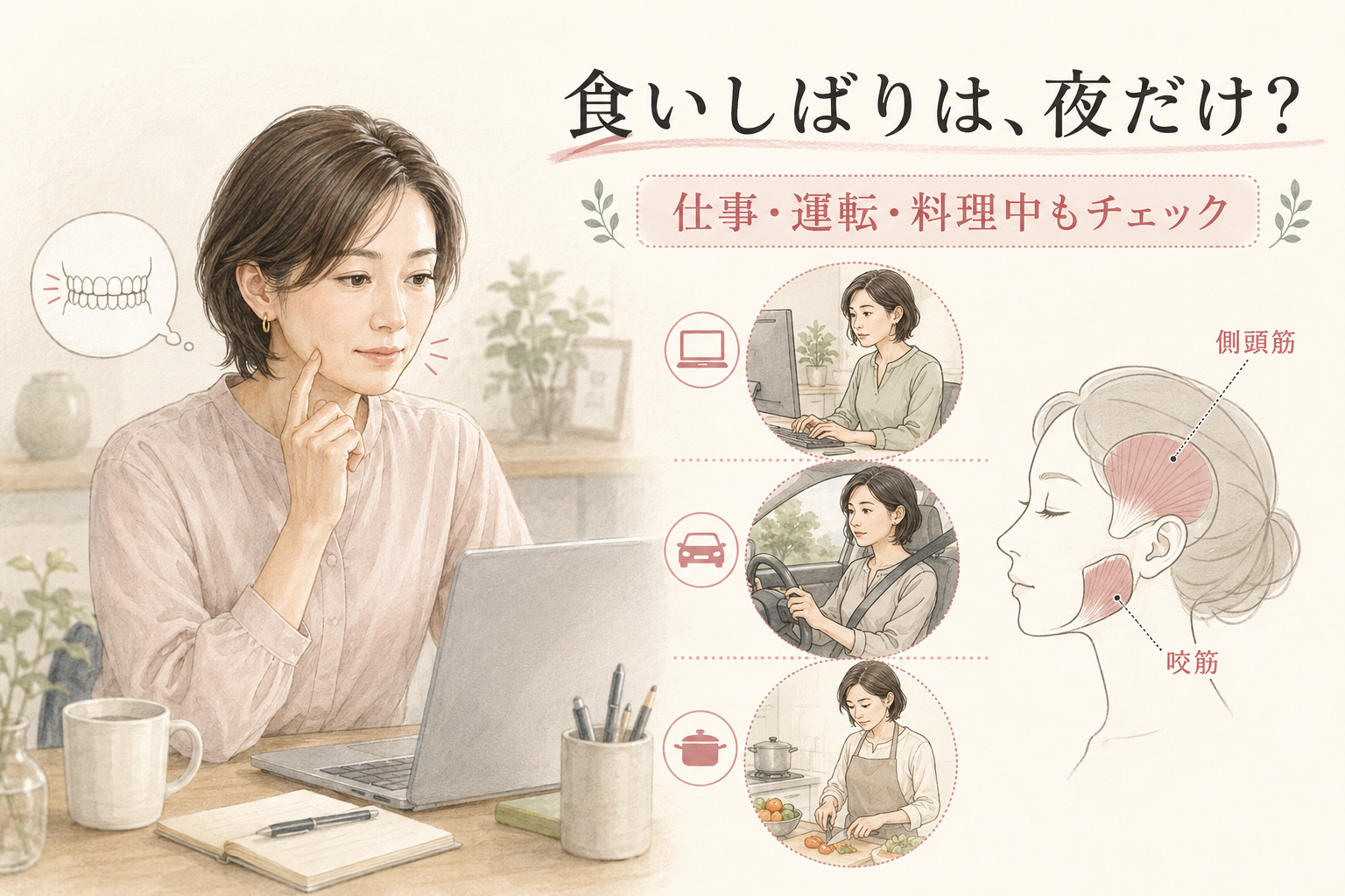 食いしばりは夜だけでなく仕事・運転・料理中にも起こることと、側頭筋・咬筋の位置を示す図