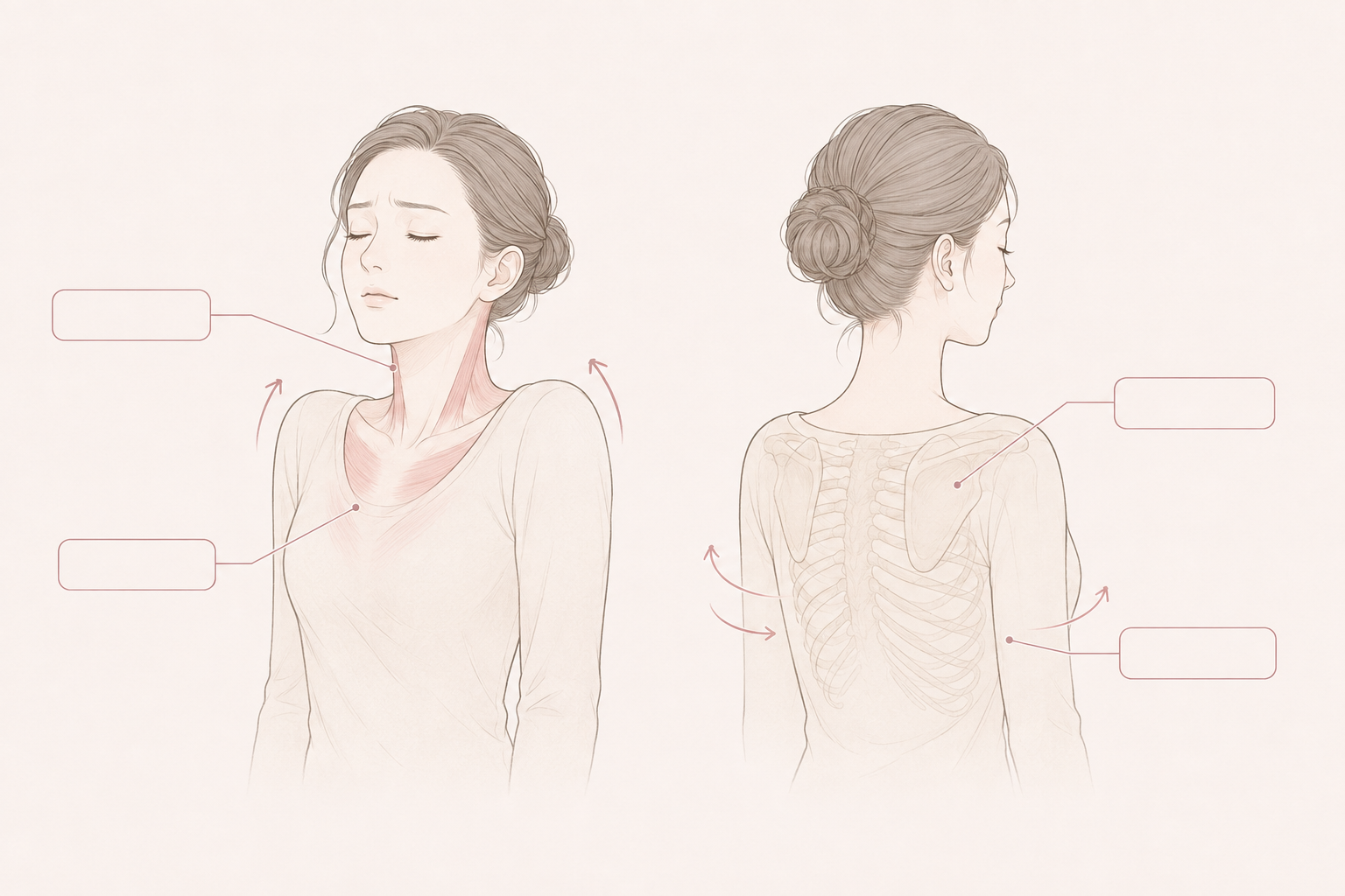 首・肩・胸・背中の呼吸時の動きを示すイラスト